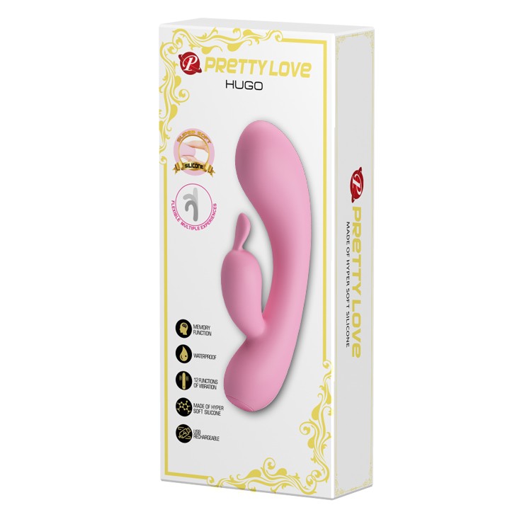 12 Fonksiyonlu USB Şarjlı Çift Uyarımlı Tavşan Vibratör - Hugo (Pembe)