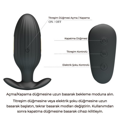 Altın Serisi – 7 Titreşim Modlu, 3 Elektrik Şok Fonksiyonlu, Uzaktan Kumandalı USB Şarjlı Anal Plug – Kelly