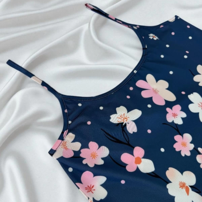 Çiçek Desenli Mavi Askılı Gecelik