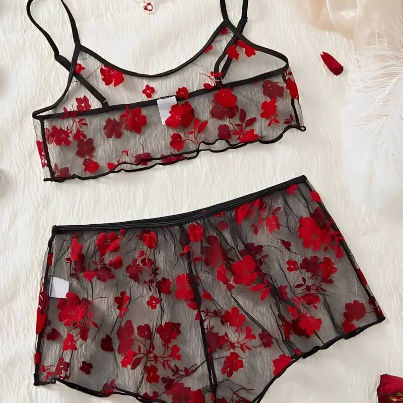 Çiçek Desenli Siyah Transparan Şortlu Gecelik TM1377 Siyah