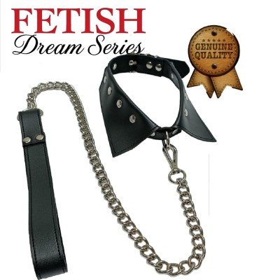 Fetiş Deri Boyun Tasması ve Zincir Seti – Siyah