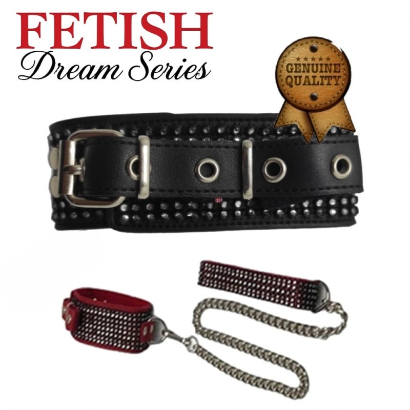 Fetiş Diamond Deri Boyun Tasması ve Zincir – Siyah