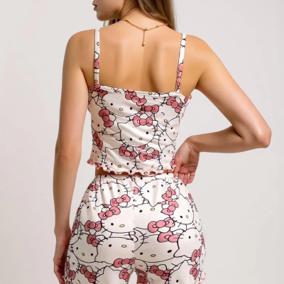 Hello Kitty Baskılı Askılı Şortlu Pijama Takımı Pembe