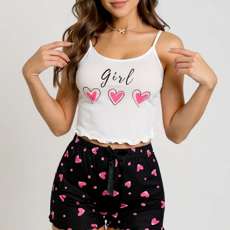 Kalp Desenli Askılı Şortlu Pijama Takımı Siyah