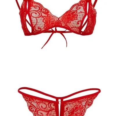 Leyna Kırmızı Dantelli Fantazi Sütyen ve G-String Takım TM2048