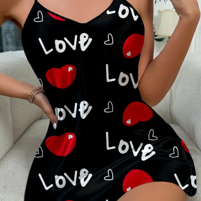 Love Desenli Siyah Saten Gecelik Siyah