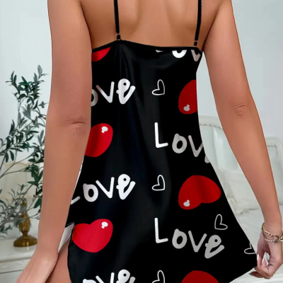 Love Desenli Siyah Saten Gecelik Siyah