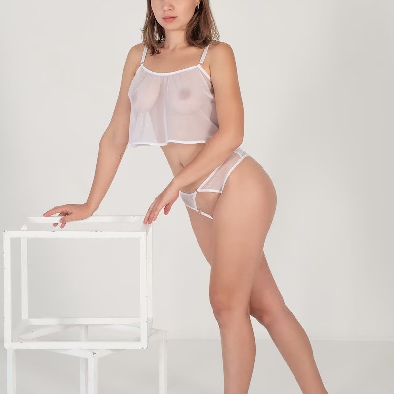 Özel Bölgesi Açık Beyaz Tül Fantezi Sütyen Takımı TM1294