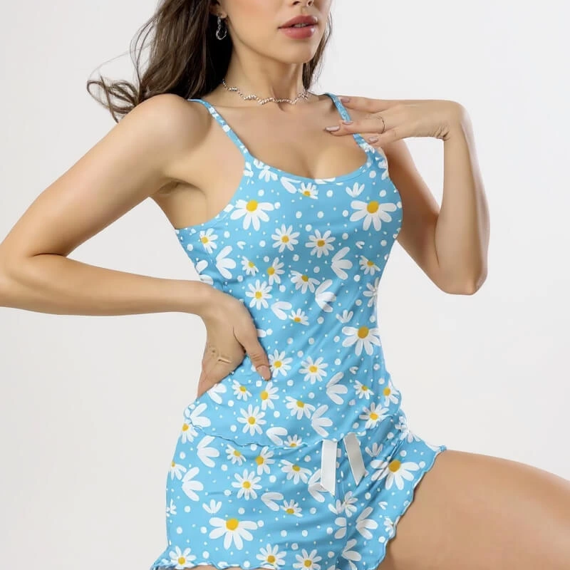 Papatya Baskılı Mavi Askılı Şortlu Pijama Takımı