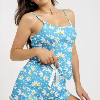 Papatya Baskılı Mavi Askılı Şortlu Pijama Takımı Açık Mavi