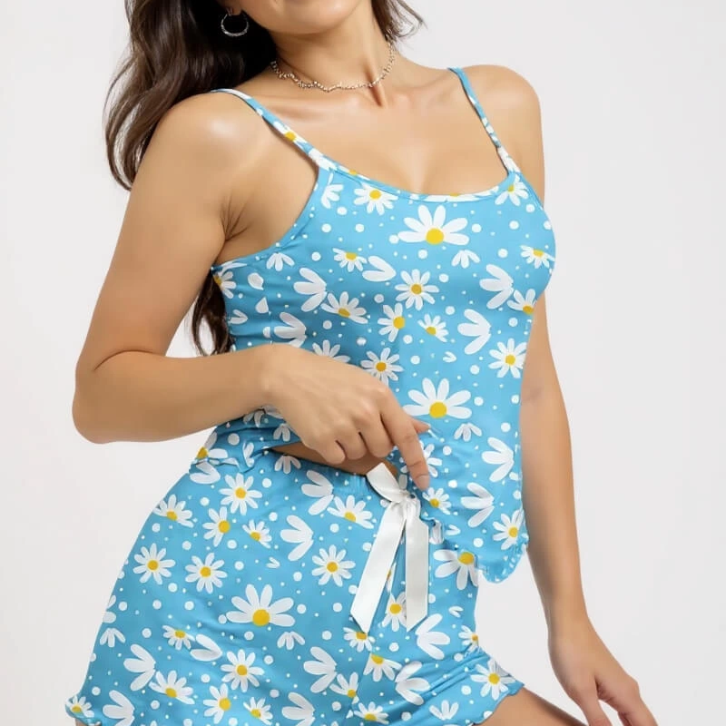 Papatya Baskılı Mavi Askılı Şortlu Pijama Takımı Açık Mavi