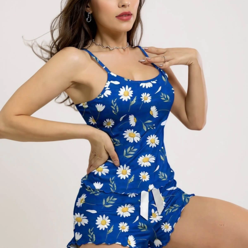 Papatya Desenli Mavi Askılı Şortlu Pijama Takımı