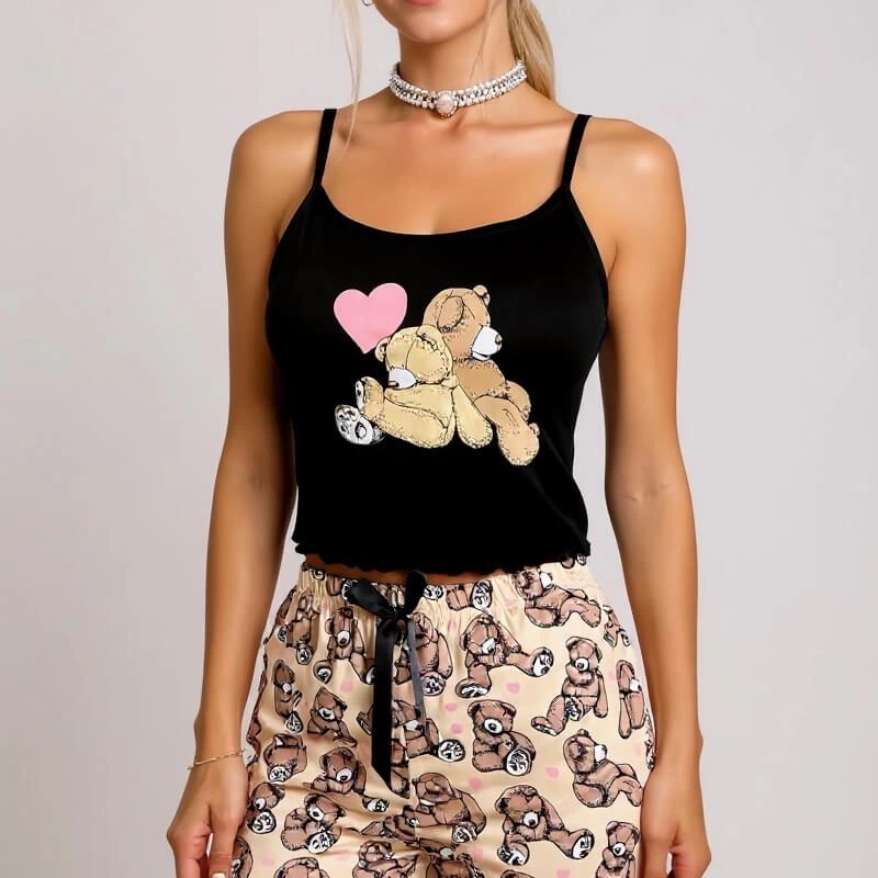 Renkli Ayıcık Desenli Askılı Şortlu Kadın Pijama Takımı Renkli