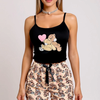 Renkli Ayıcık Desenli Askılı Şortlu Kadın Pijama Takımı Renkli