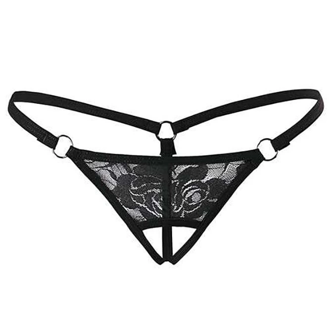Siyah Dantelli Özel Bölgesi Açık G-String TM1167