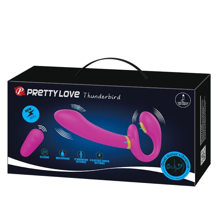 USB Şarjlı Strapless Çift Taraflı Titreşimli ve Elektro Şoklu Strapon Vibratör - Thunderbird