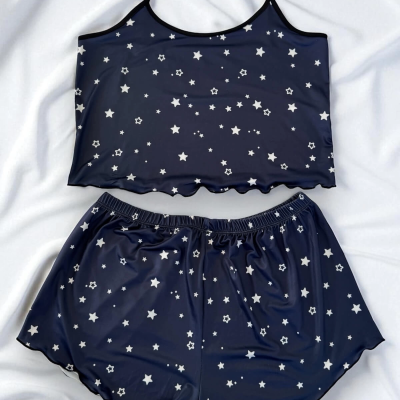 Yıldız Desenli Lacivert Şortlu Pijama Takımı Lacivert