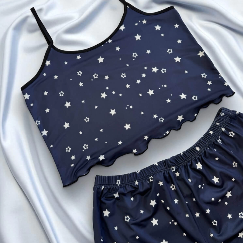 Yıldız Desenli Lacivert Şortlu Pijama Takımı Lacivert